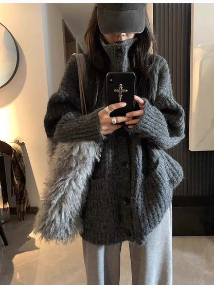 Gray Soft Turtleneck Cardigan Sweater Coat Loose Mid-length Knitwear YM2404