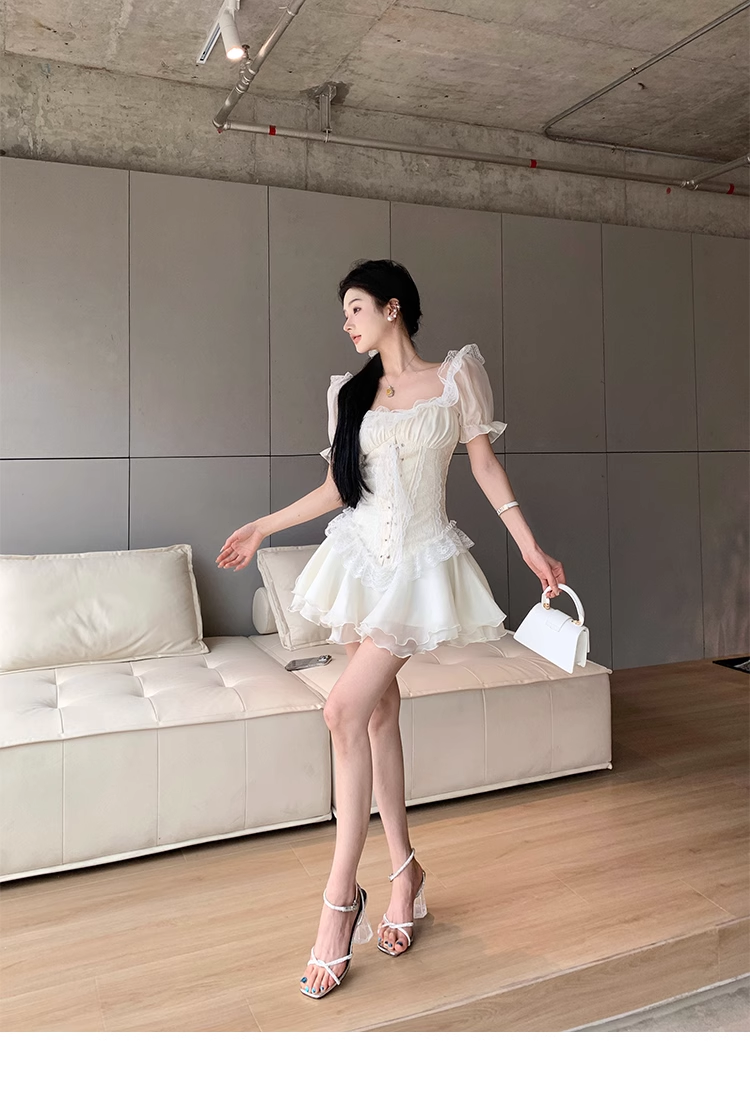 White Lace Tulle Birthday Princess Dress With Puff Sleeves YM1977