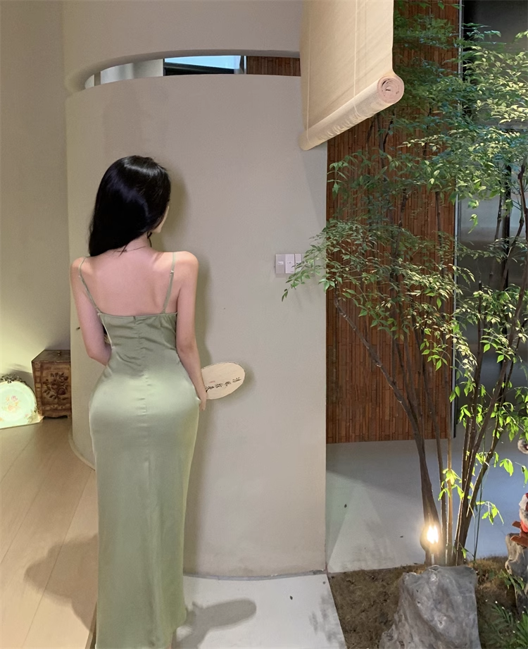 Simple spaghetti straps satin long mermaid party prom dress YM1967