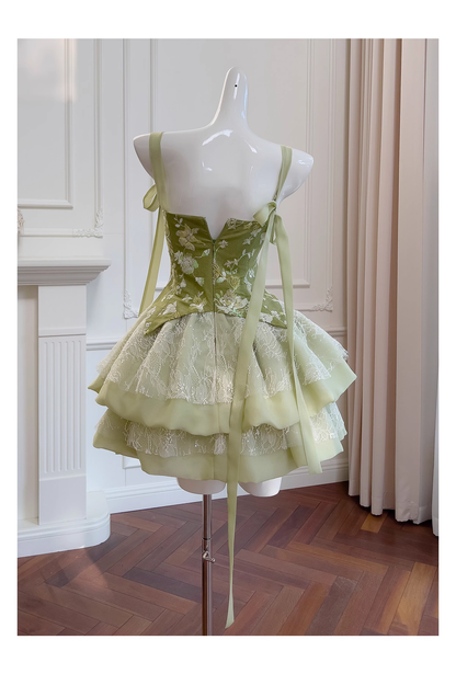 Green Spaghetti Straps Lace Satin Hoco Dress Temperament Birthday Dress YM2118