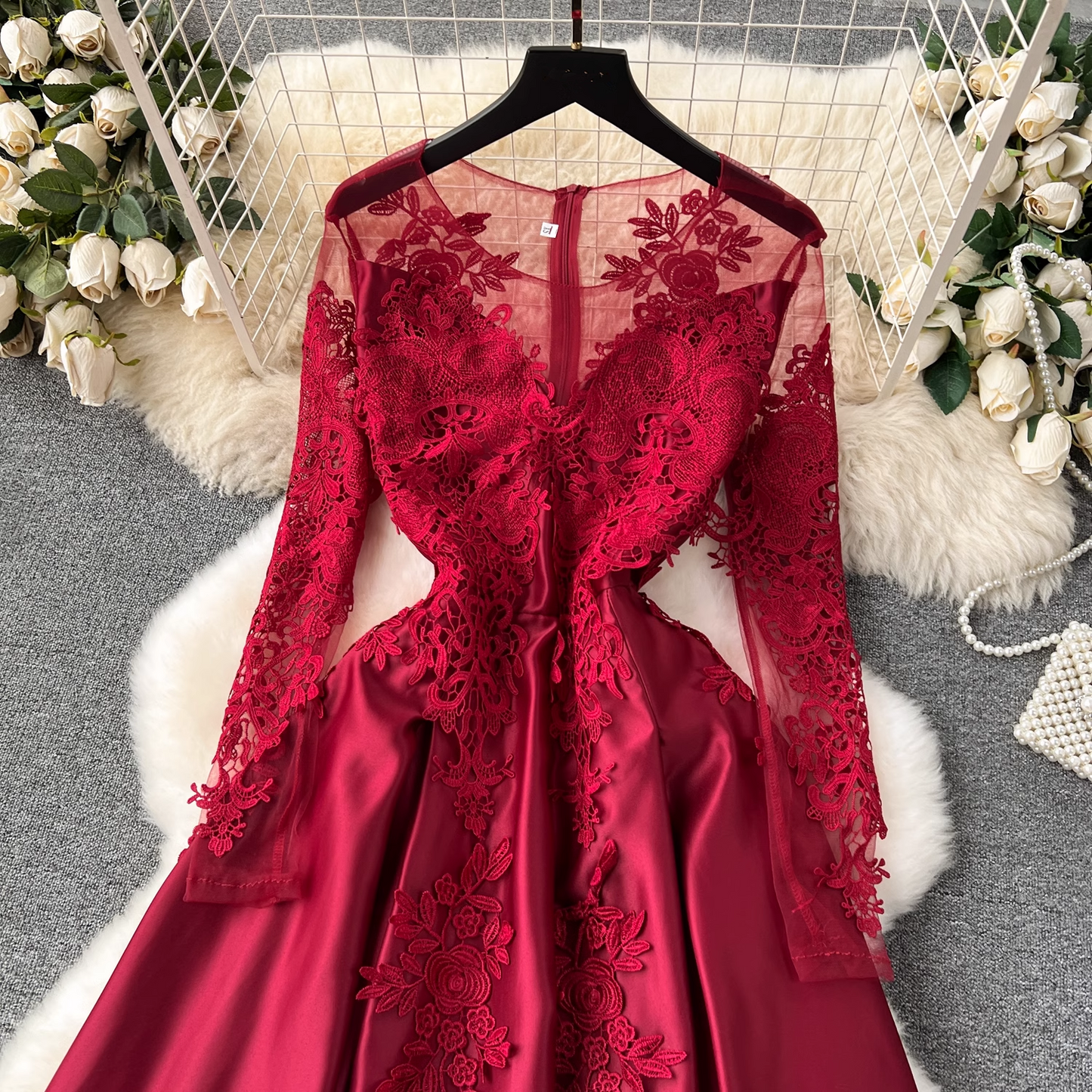 Red long-sleeve A-line dress YM1121