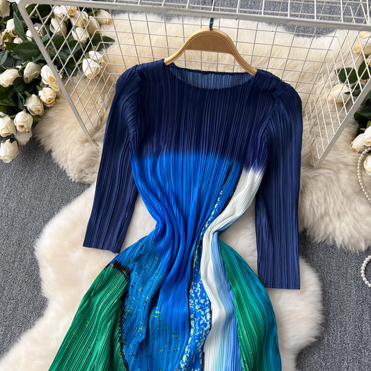 Fashionable color block pleated casual dress YM1085