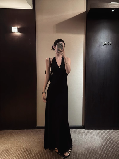 Black Halter Backless Long Party Dress Birthday Outfits YM2108