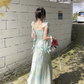 Romantic style green smudged flower ribbon suspender dress YM1158