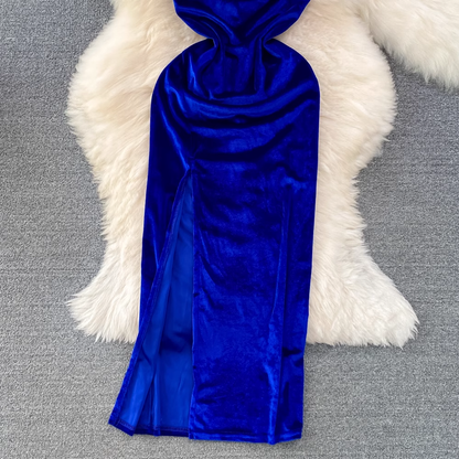 Royal Blue Spaghetti Straps Velvet Holiday Dress YM291