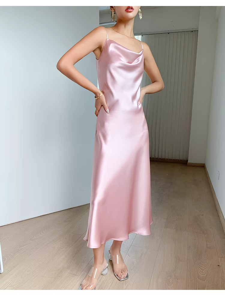 Simple Pink Spaghetti Straps Satin Long Holiday Dress Birthday Dress YM2434