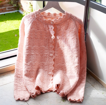 Yellow Hollow Short Sweater Jacket Spring New Japanese Sweet Knitted Cardigan YM2369