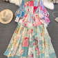 Retro style lantern long-sleeved stand collar A-line print dress YM962