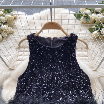 Round neck sleeveless sequined glitter vest for women furry patchwork top YM535