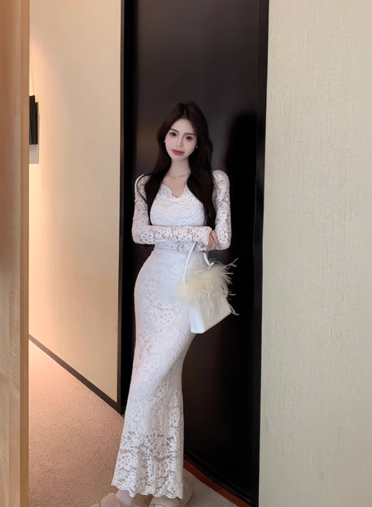 Classy White Sexy Lace Prom Dress Long Mermiad Party Dress YM1821
