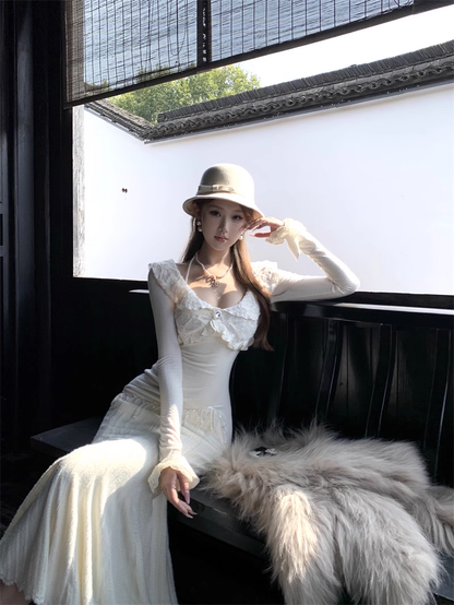 Round neck long sleeve dress women's new style floral lace slim fishtail skirt YM1937