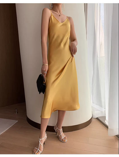 Simple Bean Paste Green Satin Long Party Dress Birthday Outfits YM2433