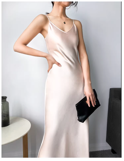 Fashion Spaghetti Straps V Neck Navy Blue Satin Mermaid Long Birthday Party Dress YM2432