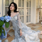 Blue Fairy-Like Ruffle Long-Sleeve Prom Dress Off The Shoulder Party Dress YM2042