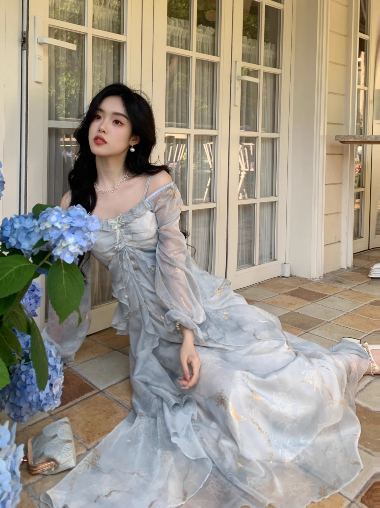 Blue Fairy-Like Ruffle Long-Sleeve Prom Dress Off The Shoulder Party Dress YM2042