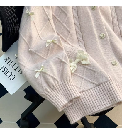 Pink Preppy Style Bow Sweater Cardigan YM2454
