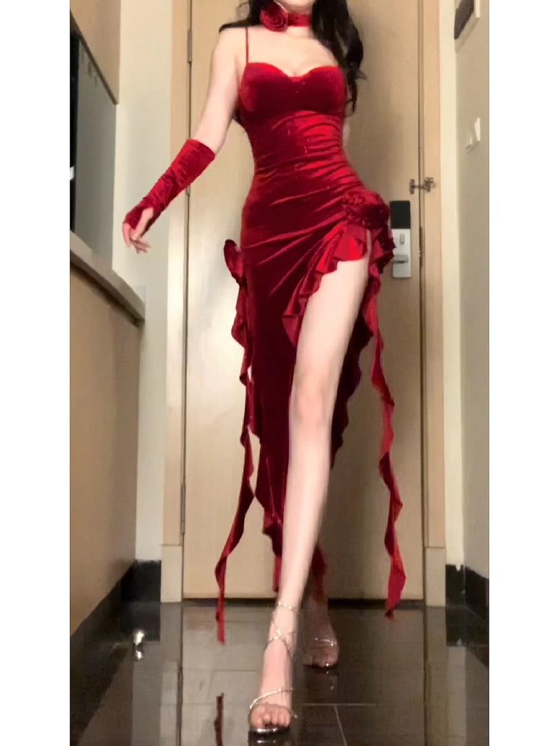 Sexy Spaghetti Straps Red Velvet Ruffle Slit Party Dress Birthday Dress YM2210