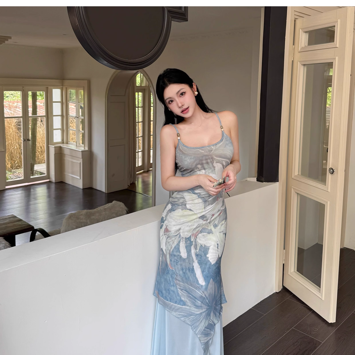 Elegant Blue Print Floral Straps Sheath Long Vacation Dress Holiday Dress Two Piece YM2274