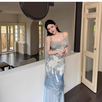 Elegant Blue Print Floral Straps Sheath Long Vacation Dress Holiday Dress Two Piece YM2274