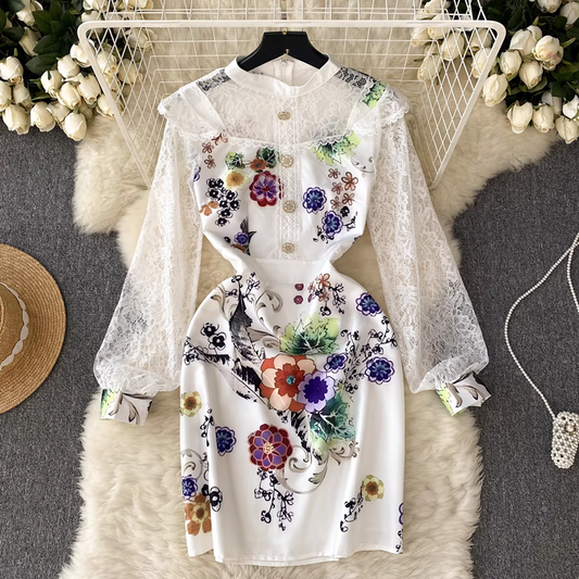 Elegant lace mosaic printed summer dress for women,YM156