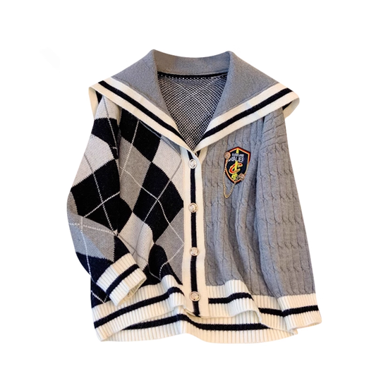 College Style Navy Collar Knitted Cardigan Women's Retro Diamond Pattern Jacket YM2282
