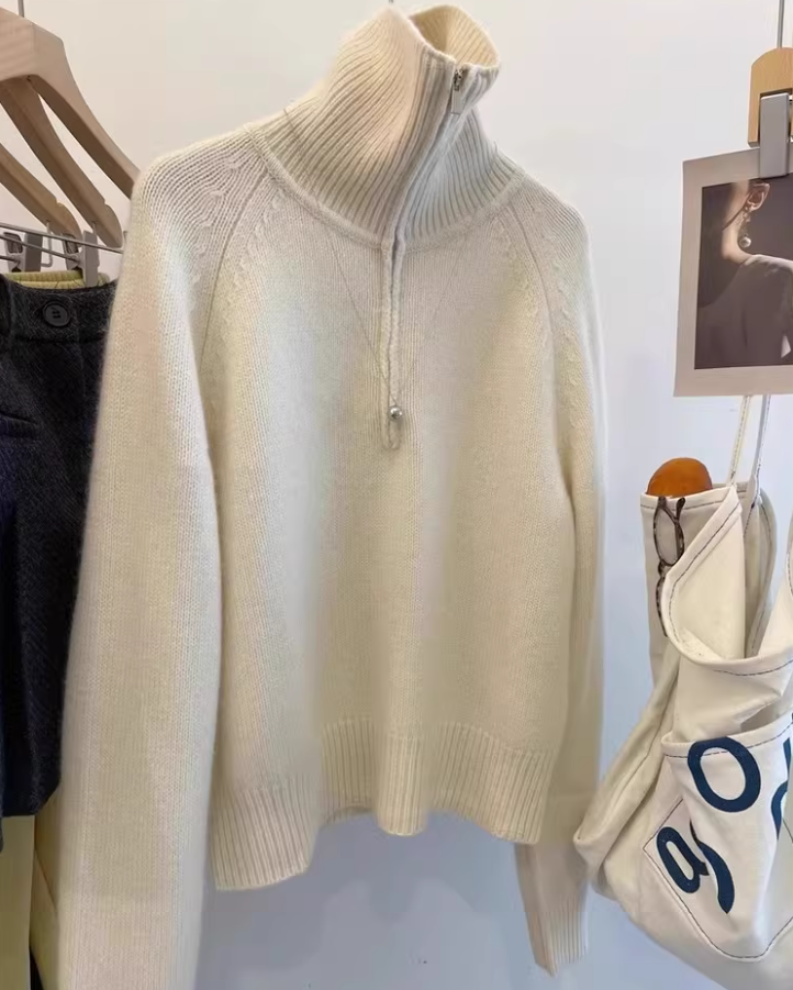 Off White Half-zip Collar Knit Sweater Pullover Turtleneck Sweater YM2420
