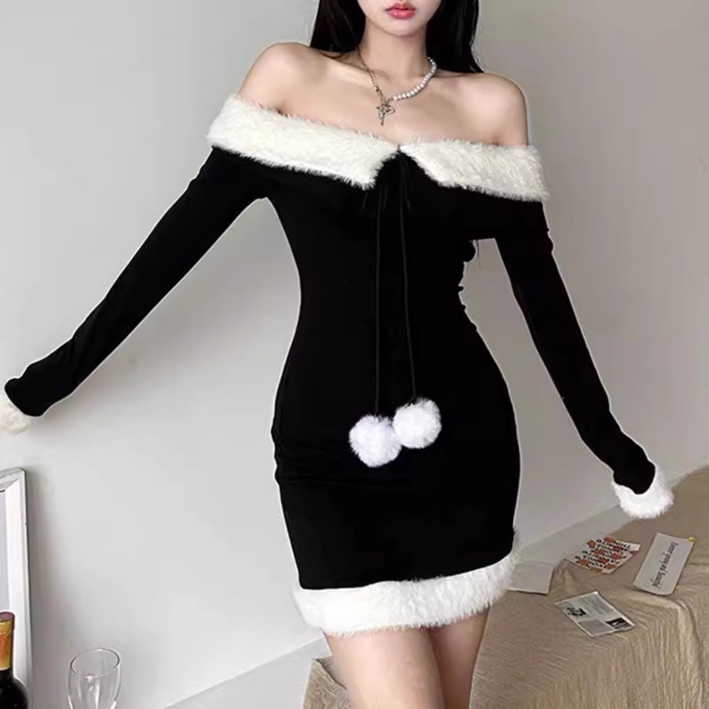 women's autumn and winter lamb fur collar knitted dress YM875