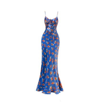 Classy Blue Floral Print Straps Party Dress, Long Vacation Dress YM2414