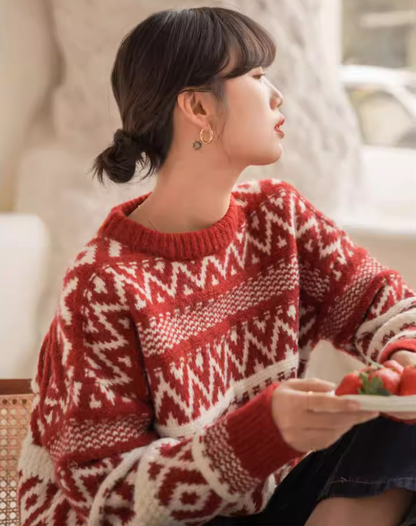 Retro Red New Year Sweater, Thick Christmas-style color-blocked Knitwear YM2417