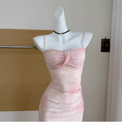 Pink Suspender Dress Beautiful Long Vacation Dress YM2088