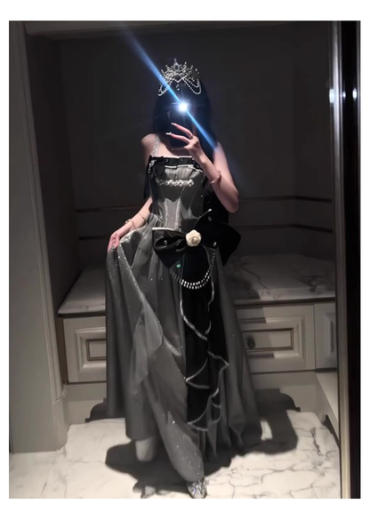 Charming Silver Gray Long Evening Dress Lolita Birthday Party Dress YM2141