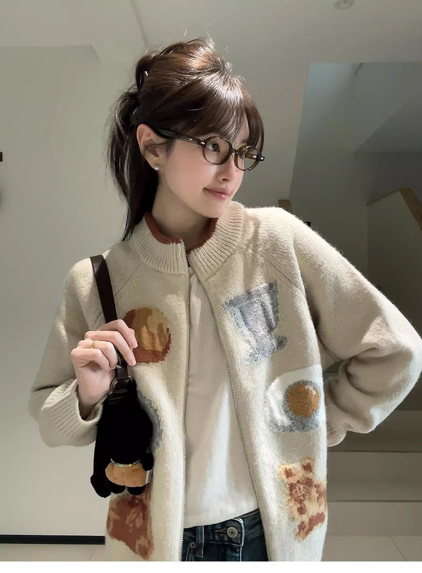 Beige Knitted Cardigan Zipper Jacquard Loose Sweater Jacket YM2396