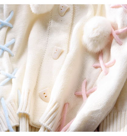 Cute Blue Hooded Sweater Jacket Autumn And Winter New Sweet Mid-length Knitted Cardigan YM2367