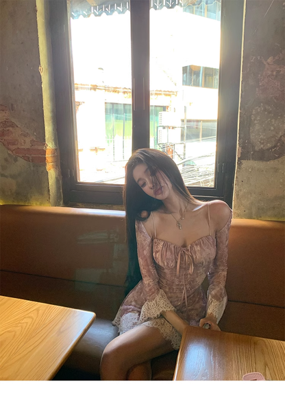 Sexy Straps Lace Print Backless Birthday Outfits Mini Party Dress YM2000