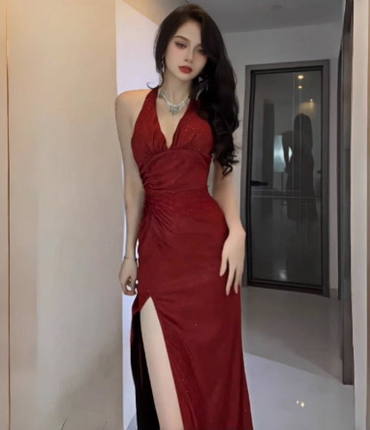 Sexy Halter V Neck Blue High Slit Birthday Party Dress Long Vacation Dress YM2214