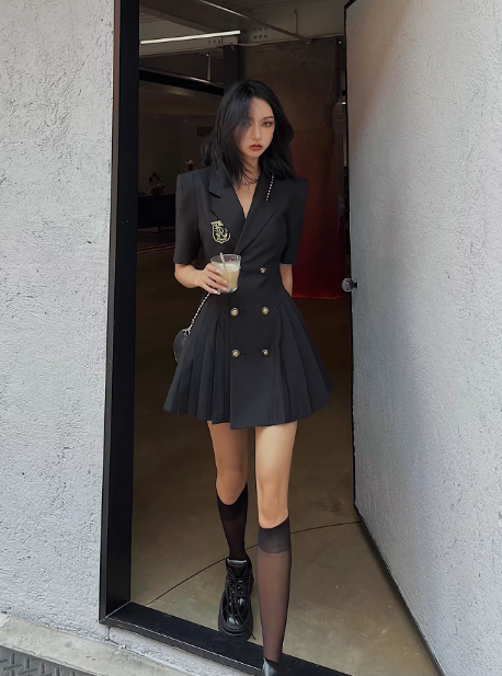 Preppy suit dress pleated dress YM1944