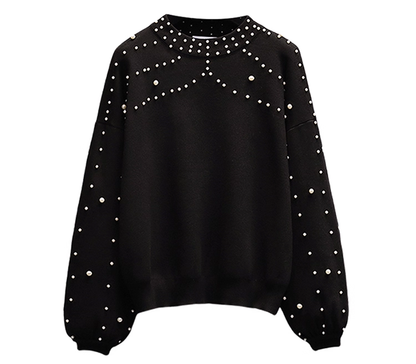 Black Heavily Hand-Beaded Sweater, Slimming And Age-reducing Sweater YM2290