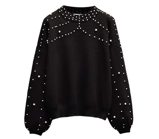 Black Heavily Hand-Beaded Sweater, Slimming And Age-reducing Sweater YM2290