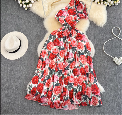 Sleeveless waist slimming a-line slit print dress elegant maxi dress , YM244