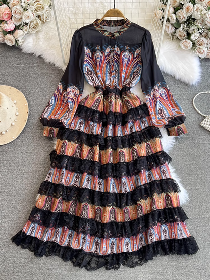 Spring and Autumn Retro Palace Style Long Sleeve Stand Collar A-Line Dress YM890