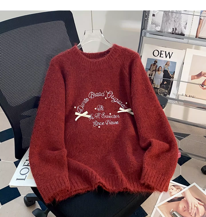 Cute Apricot Embroidered Bow Pullover Sweater YM2426