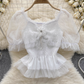women's square collar mesh puff sleeve blouses,YM118