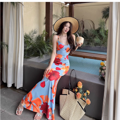 Island Vacation Dress Printed Suspender Beach Dress Sexy Backless Strap Sheath Long Dress YM2255