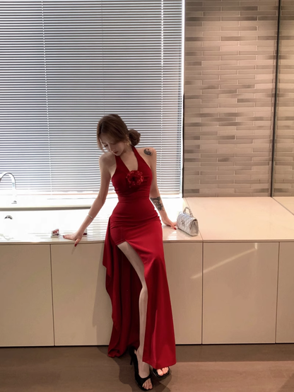 Red Three-Dimensional Flower Halter Party Dress Deep V Slit Evening Dress YM2115