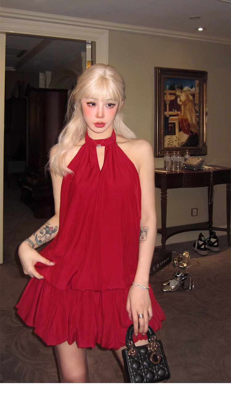Red Halter Sexy Backless Prom Dress Birthday Party Outfits YM1975