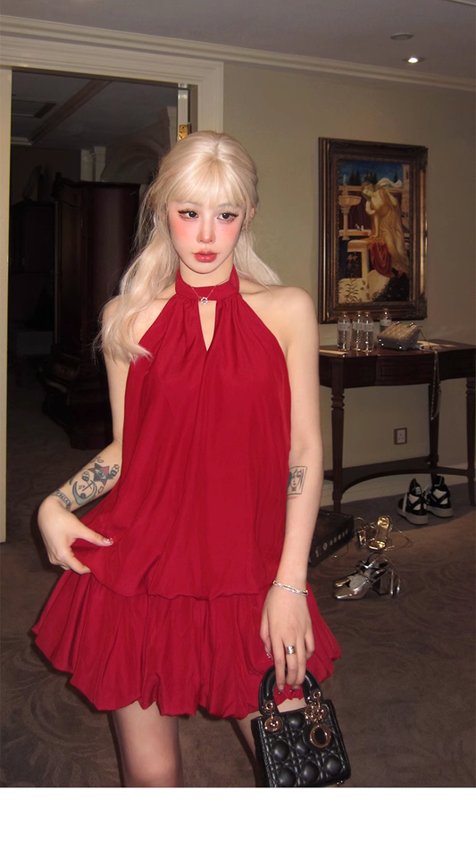 Red Halter Sexy Backless Prom Dress Birthday Party Outfits YM1975