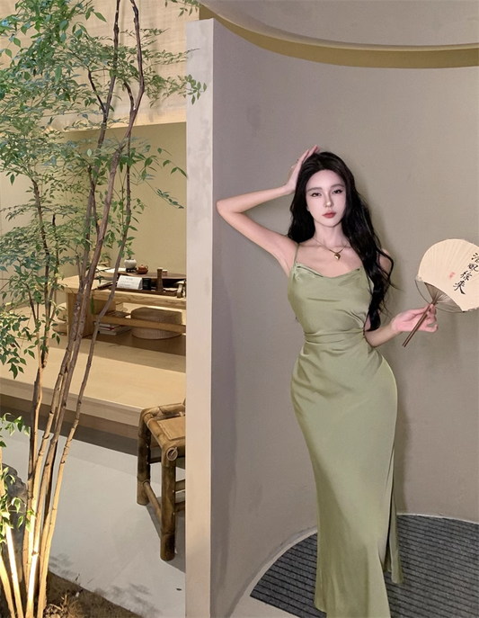 Simple spaghetti straps satin long mermaid party prom dress YM1967