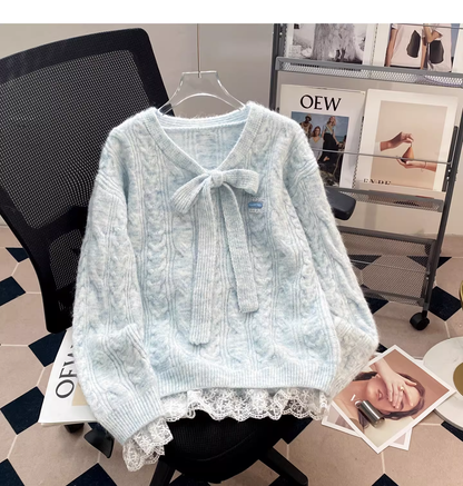 Sweet Blue Lace-trimmed Faux Two-piece Sweater With Tie Bow YM2447