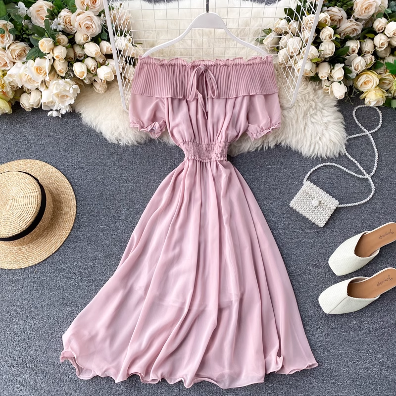 Pleated Ruffle Collar Strapless Chiffon Dress,YM104