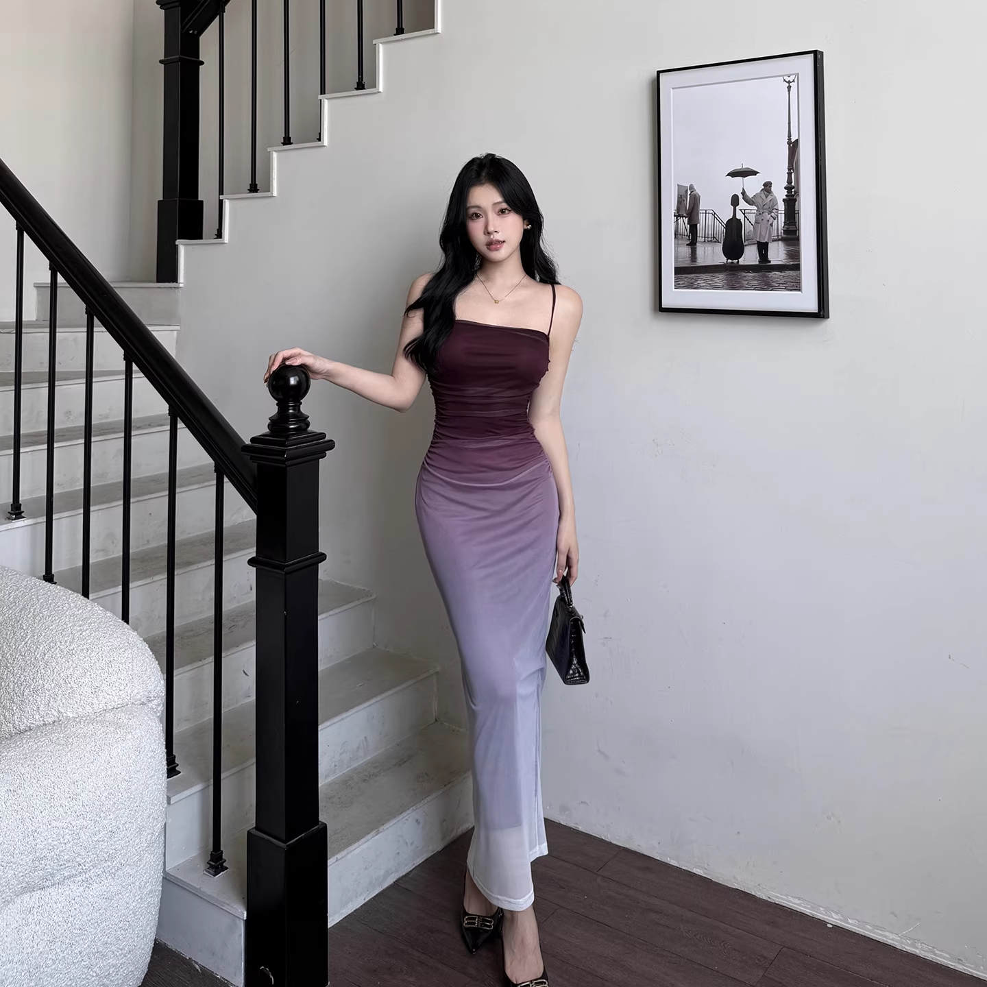 Pretty Ombre Purple Spaghetti Straps Sheath Long Party Dress Holiday Dress YM2242